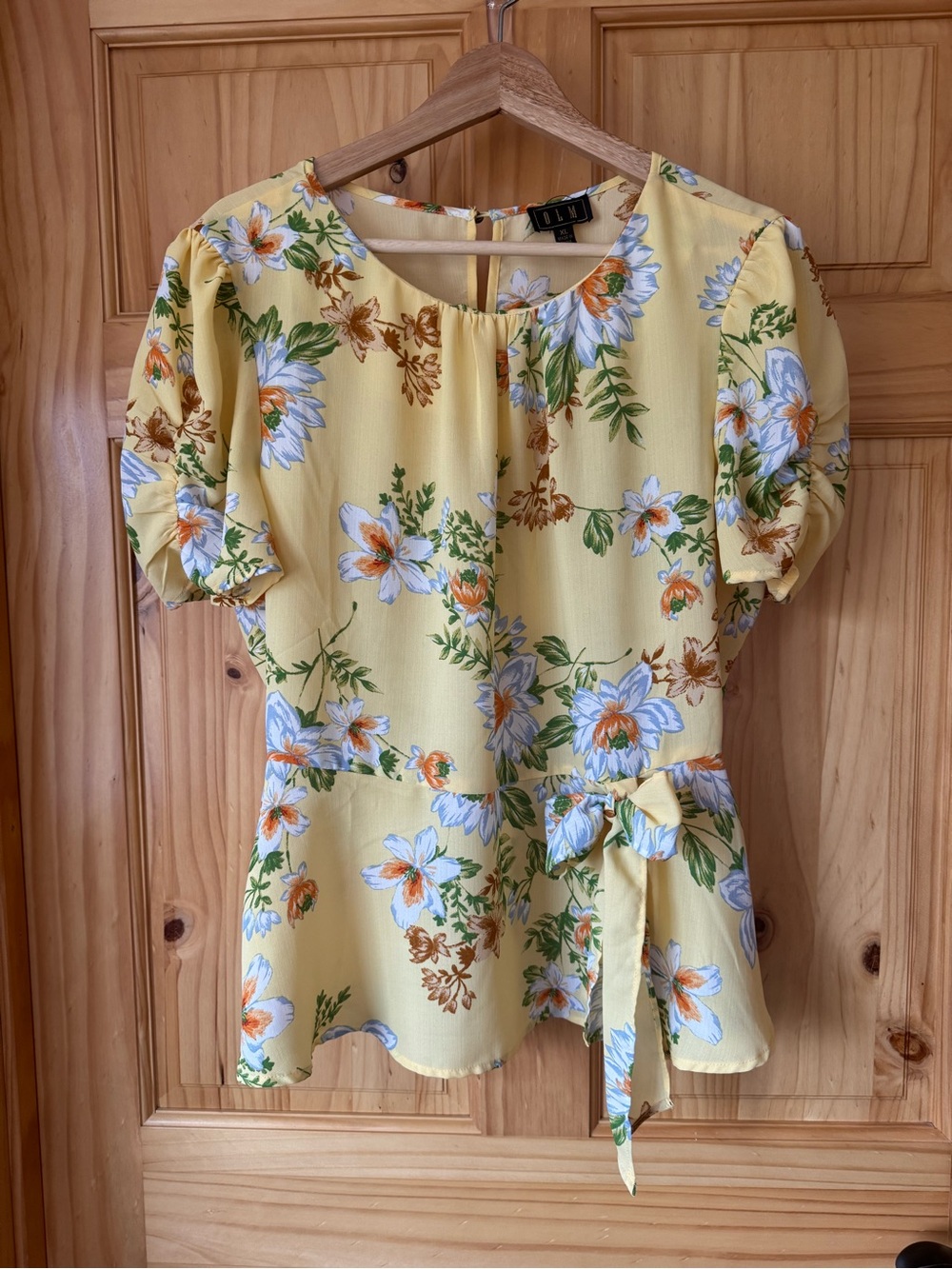 OLM Yellow Floral Gauzy Tie-Waist Puff Sleeve Peplum Blouse size XL
